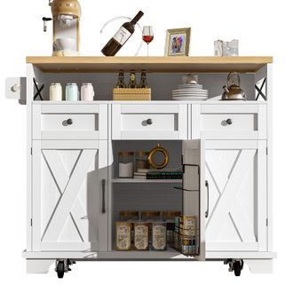 STILVORA Isla De Cocina Con 3 Cajones, Encimera Abatible, Toallero Y Ruedas, En Mdf Y Metal, 118 X 43-70 X 98 Cm, Blanco