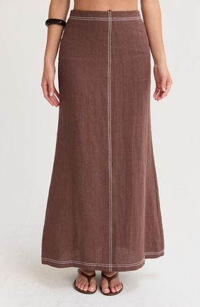 Crescent Embroidered Contrast Stitch Linen Maxi Skirt in Brown at Nordstrom, Size X-Small