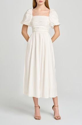Wayf Lucy Ruched Puff Sleeve Midi Dress in Ivory at Nordstrom, Size X-Small