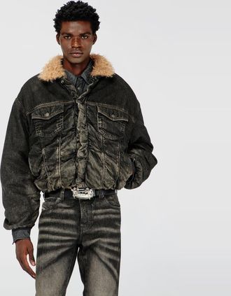 Diesel Teddy-lined trucker jacket in dirty-effect denim - Denim Jackets - Unisex - Black
