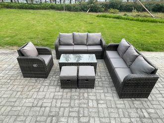 Fimous Patio Garden Furniture Sets Wicker 9 Seater Outdoor Rattan Furniture Sofa Sets w/ Rectangular Coffee Table Reclining Chair 2 Small Footstools