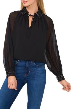 CeCe by Cynthia Steffe Beaded Tie Neck Chiffon Top in Rich Black at Nordstrom Rack, Size X-Large