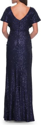 La Femme Sequin Stretch Evening Dress with High Neckline and Dolman Sleeves in Navy at Nordstrom, Size 12