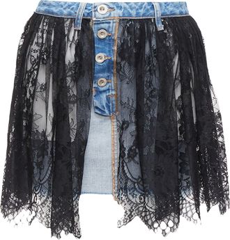 Unravel Floral Lace Ruffle Denim Inside Out Skirt