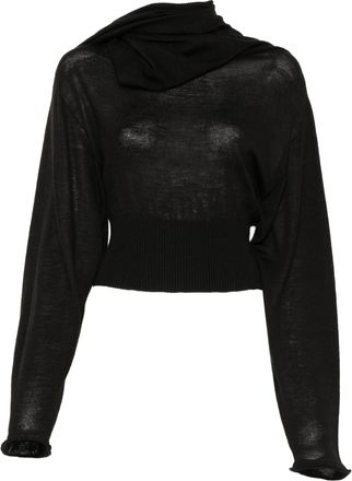 Rick Owens Cropped Black Long-Sleeved Top with Scarf-Inspired Neckline