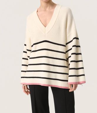 Soaked In Luxury Musling V-Neck Loose Fit Pullover Sweater In Whisper White