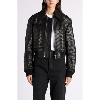 Bottega Veneta Intrecciato Leather Bomber Jacket in 1010 Double Black at Nordstrom, Size 4 Us