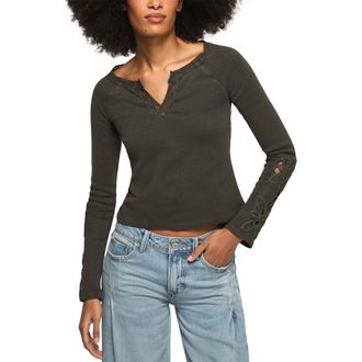 Lucky Brand Lace Trim Notch Neck Rib Henley in Raven at Nordstrom, Size Xx-Large