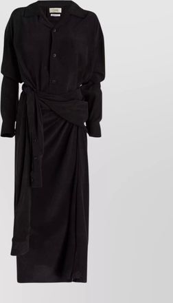 Quira silk dress with open collar and waist sash