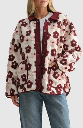 All in Favor Floral High Pile Fleece Jacket in Cream Burgundy at Nordstrom, Size Medium