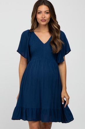 Pinkblush Smocked Front Ruffle Hem Dress in Navy Blue at Nordstrom, Size Medium