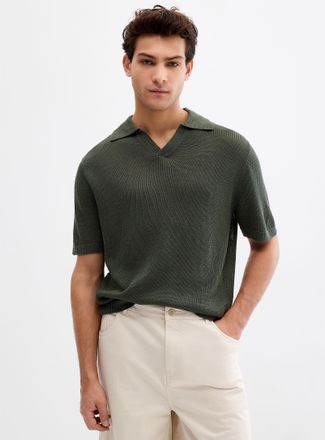 Le 31 Mens Johnny collar 100% linen knit polo