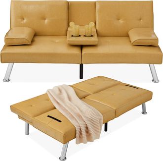 Best Choice Products Modern Faux Leather Convertible Futon Sofa w/ Removable Armrests, 2 Cupholders