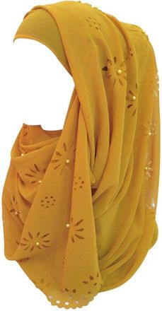 Lina & Lily Chiffon Muslim Hijab Head Scarf Laser Cut with Beads (Gold)