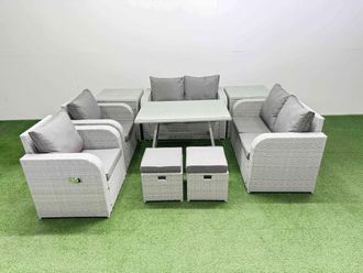 Fimous 8 Seater Rattan Garden Furniture Sets Outdoor Love Sofa Set in Light Grey