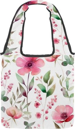 Generic Pink Flowers with Leaves Reversible Canvas Shoulder Tote - Double-Sided Print, 12oz Cotton, 27cm Drop, Fold-Flat Bag for Travel, Shopping, Street Outi