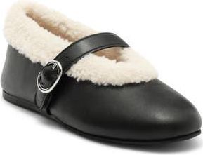 Steve Madden Lodge Faux Shearling Lined Mary Jane Flat in Black Leather at Nordstrom Rack, Size 8.5