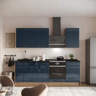 Vicco Mueble De Cocina Fame-line, Azul Oscuro Alto Brillo/roble Dorado, 230 Cm, Et M&aacute;rmol, Vicco