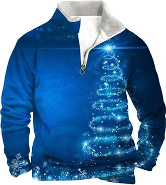 Generic Christmas Jumpers for Men 1/4 Zip Xmas Tree Pullover Ugly Christmas Sweatshirt Long Sleeve Sweater Fleece Stand Collar Sweatshirt Reindeer Snowflakes 