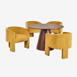 Sklum Set De Mesa Redonda En Chapa De Nogal (&oslash;120 Cm) Aura Y 4 Sillas De Comedor Terciopelo Xastru Sklum