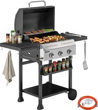 OUTSUNNY Barbacoa De Gas Con 3 Quemadores 9 Kw Term&oacute;metro Mesas Laterales Plegables Estante Rejilla Calentadora Recogedor Grasa 2 Ruedas Ganchos Negro