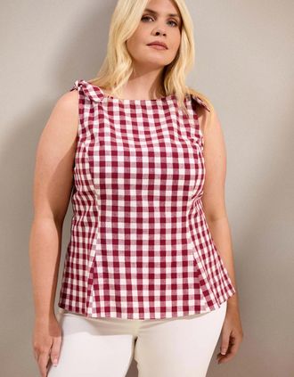Live Unlimited London Womens Berry Gingham Peplum Cotton-Linen Blend Bow Tie Top - Red - Size: 26