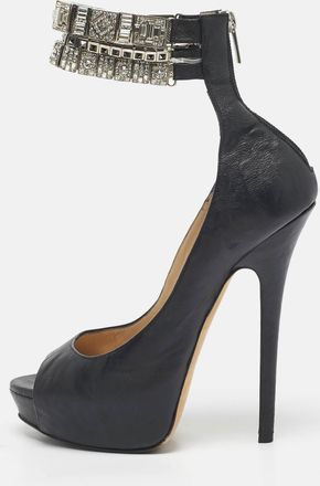 Jimmy Choo London Black Leather Crystal Embellished Ankle Cuff Pumps