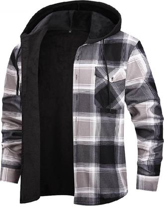Generic Fleece Lined Hoodie Men Winter Heavy Warm Sherpa Lined Flannel Plaid Coats Plus Size Casual Thicken Thermal Button Down Outdoor Hiking Work Hooded Jac