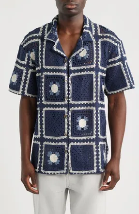 CH&Eacute; Studios Tejer Crochet Camp Shirt in Navy at Nordstrom, Size Xx-Large