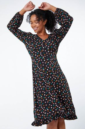 Roman Spot Print Frill Hem Dress