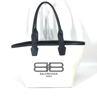Balenciaga Black White Canvas Leather Shoulder Bag Tote Bag (Pre-Owned)