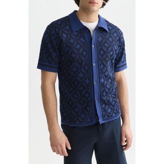Scotch & Soda Knit Short Sleeve Button-Up Shirt in Tiles Flower Sky Captain at Nordstrom, Size Medium