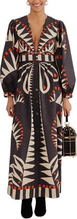 Farm Rio Coconut Grove Black V Neckline Puffed Sleeve Maxi Dress