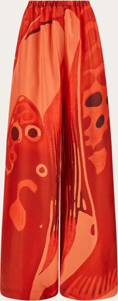 Ferragamo Donna Pantaloni palazzo in seta stampa Fish Rosso