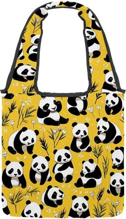 Generic Cute Panda on Yellow Reversible Canvas Shoulder Tote - Double-Sided Print, 12oz Cotton, 27cm Drop, Fold-Flat Bag for Travel, Shopping, Street Outings