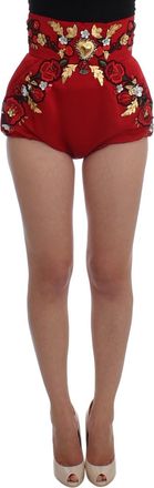 Dolce & Gabbana Womens Highwaisted Floral Embroidered Shorts - Red Silk - Size EU 36 (Womens)