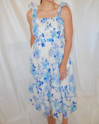 Fate Denise Floral Details Maxi Dress In White/blue