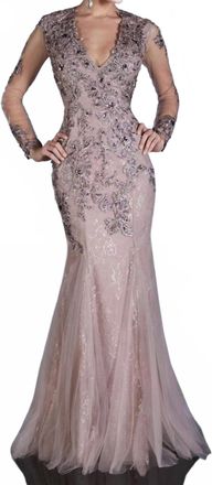 MNM Couture Bejeweled V-Neck Mermaid Evening Gown In Purple