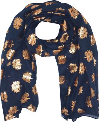 World of Shawls Silver Foil Mulberry Tree Print Fashion Scarf (Dark Navy With Gold Foil Mulberry Tree)