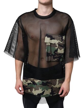 Dolce & Gabbana Mens Black Mesh Camouflage Short Sleeves T-Shirt Cotton Viscose Nylon