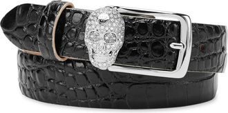 Philipp Plein Leren Riem Crocco Print Shiny Skull - Dames - Riemen - Zwart - 85 CM - Leer - Accessoires
