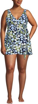 Lands End Side Tie Mini Swim Dress Swimsuit in Deep Sea Navy Poetic Floral at Nordstrom, Size 22W