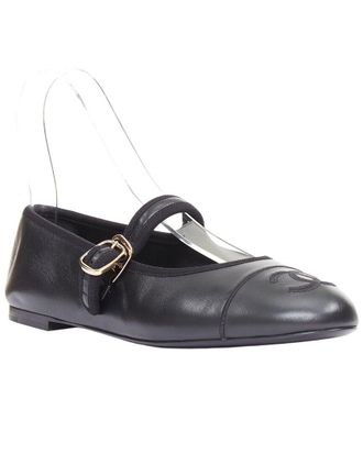 Chanel Womens Lambskin Stitched Cc Cap Toe Flat (Authentic Pre-Loved)
