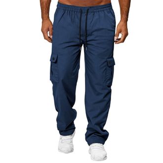 Generic Mens Casual Cargo Trousers Smart Trousers Multi-Pocket Drawstring Elastic Waist Loose Fit Outdoor Work Daily Lounge Pants Navy