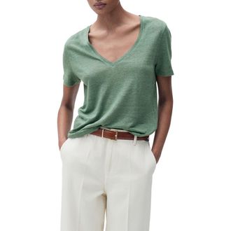 Mango V-Neck Linen T-Shirt in Green at Nordstrom, Size 2X
