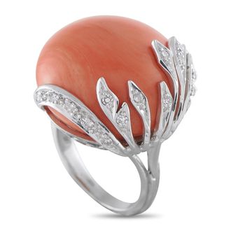 Luxury Bazaar 18K White Gold 0.10ct Diamond and Coral Ring MF08-050526