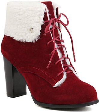 Generic Womens Fashion Fold Over Lace Up Ankle Snow Boots Round Toe Chunky High Heel Casual Winter Warm Plush Shoes (7.5,Red)