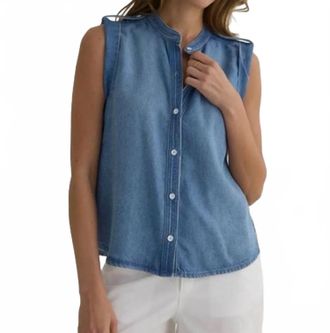 Bella Dahl Roll Sleeve Tabs Button Up Top In Amalfi Blue