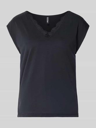 Pieces Relaxed Fit T-Shirt aus Modal-Mix Modell KAMALA LACE in BLACK, Gr&ouml;&szlig;e XL