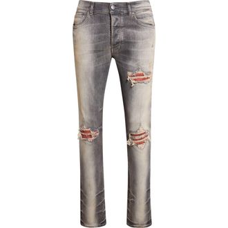 Amiri MX1 Flannel Patch Ripped Skinny Jeans in Perfect Antique Black at Nordstrom, Size 34